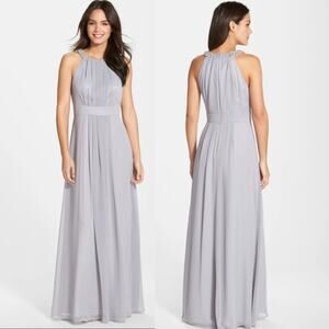 Eliza J Size OP Petite Embellished Chiffon Halter Long Gown Gray Formal Party